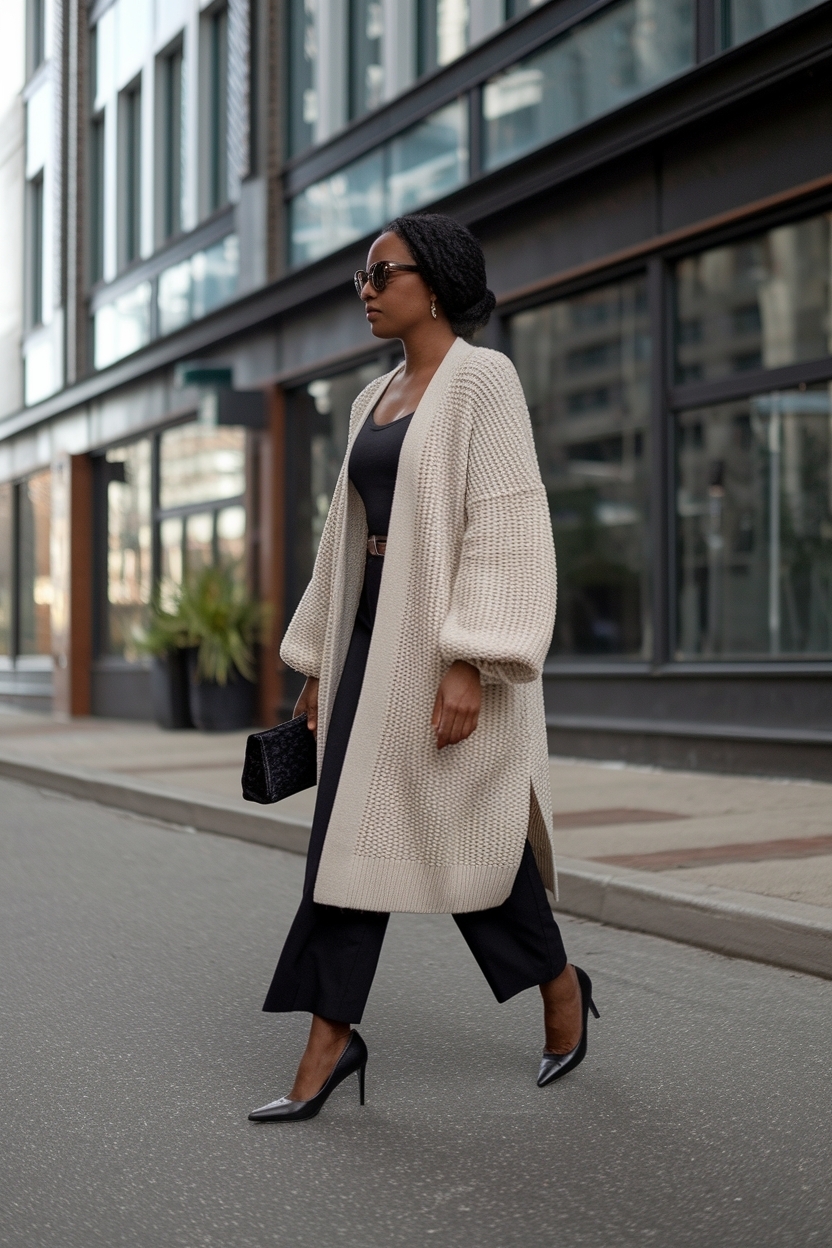Cardigan Outfit with Heels Black Women: Cozy Chic outfit idea