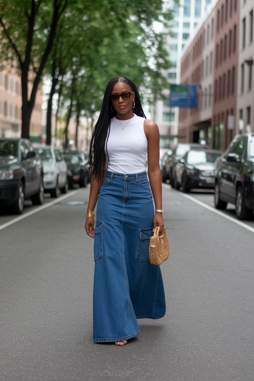Cargo Denim Maxi Skirt Outfit Black Women: Effortless Style outfit idea