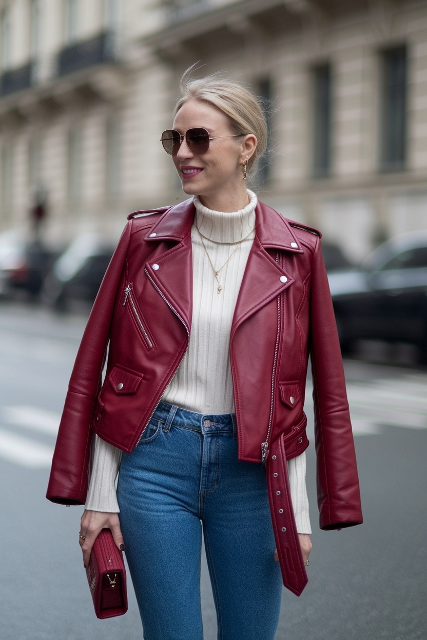Stylish Cherry Red Leather Jacket Outfit Ideas outfit idea
