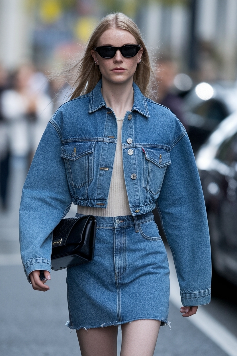 Denim Jacket and Denim Skirt Outfit Women Trends outfit idea