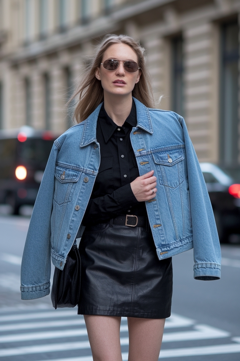 Trendy Denim Jacket Outfit Women Black Skirt Styles outfit idea