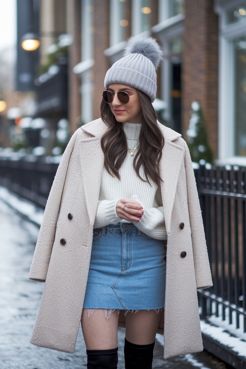 Denim Mini Skirt Outfit Winter: Layering for Warmth outfit idea