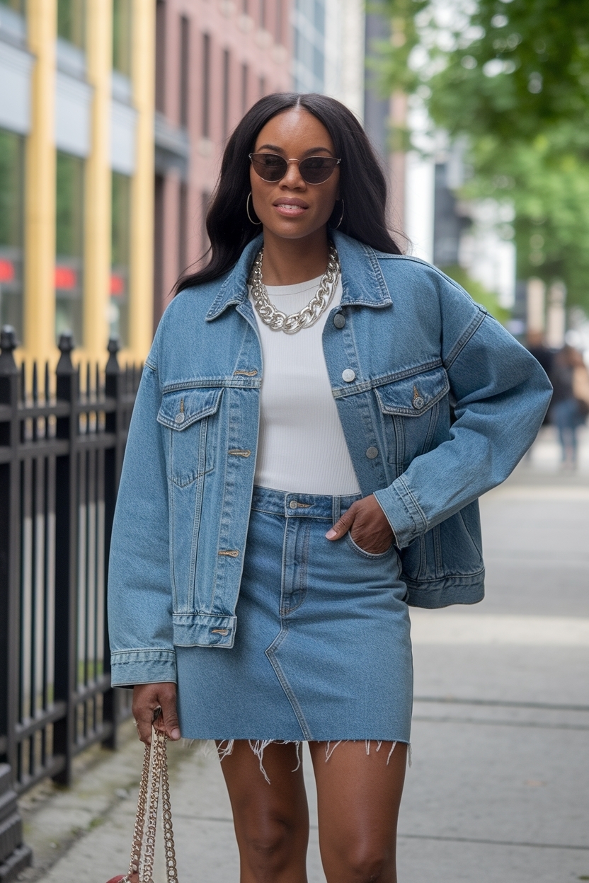 Denim Skirt and Jacket Outfit Black Women for Layered Style outfit idea