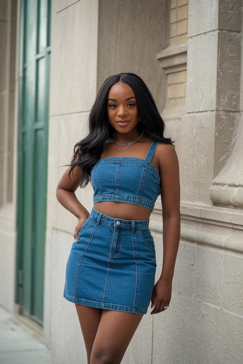 Denim Two Piece Skirt Outfit Black Women: Trendy Sets outfit idea