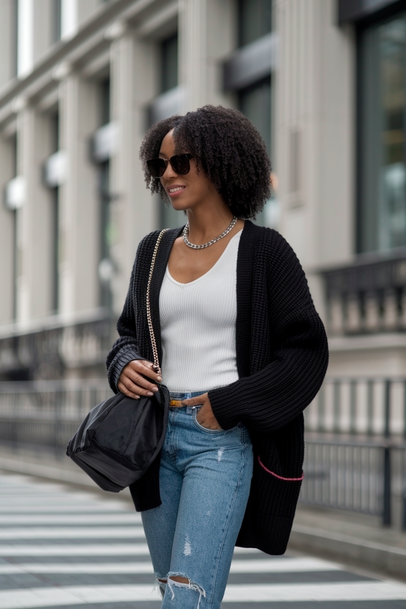 Trendy Drop Shoulder Cardigan Outfit Black Women Love outfit idea