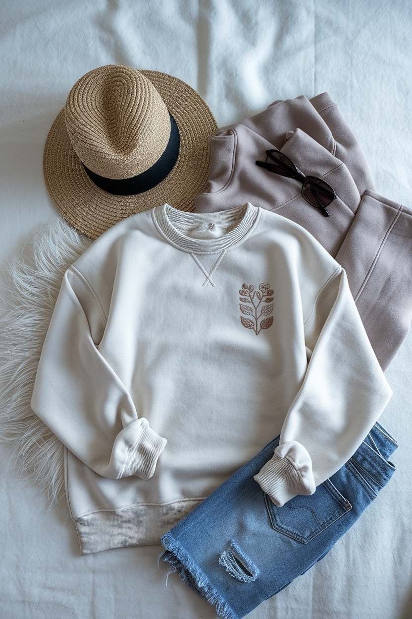 Flat Lay of Neutral Embroidered Sweatshirt for Trendy Outfits outfit idea