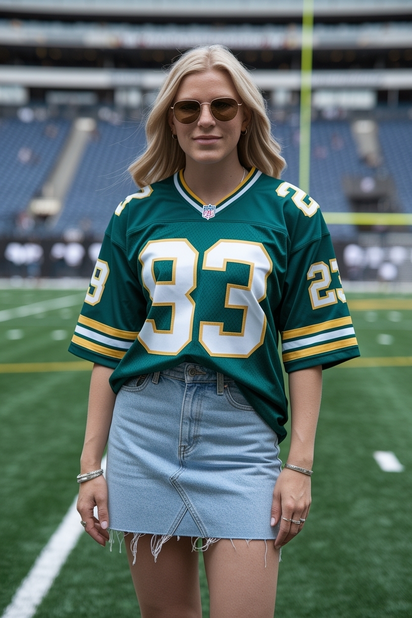 Football Jersey Outfit Women Denim Skirt for Game Day outfit idea