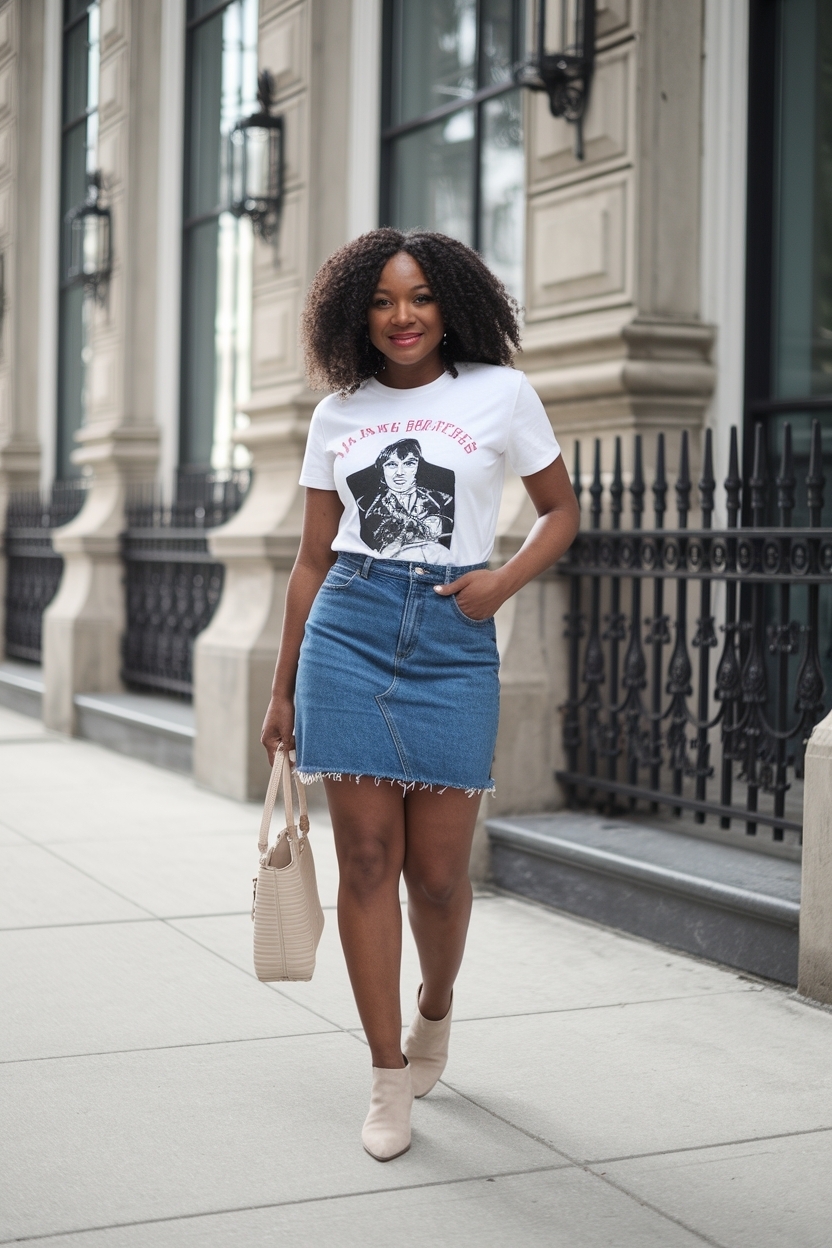 Graphic Tee and Denim Skirt Outfit Black Women to Try outfit idea