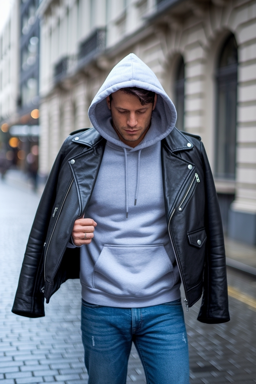 Hoodie and Leather Jacket Outfit: Stylish Combinations outfit idea