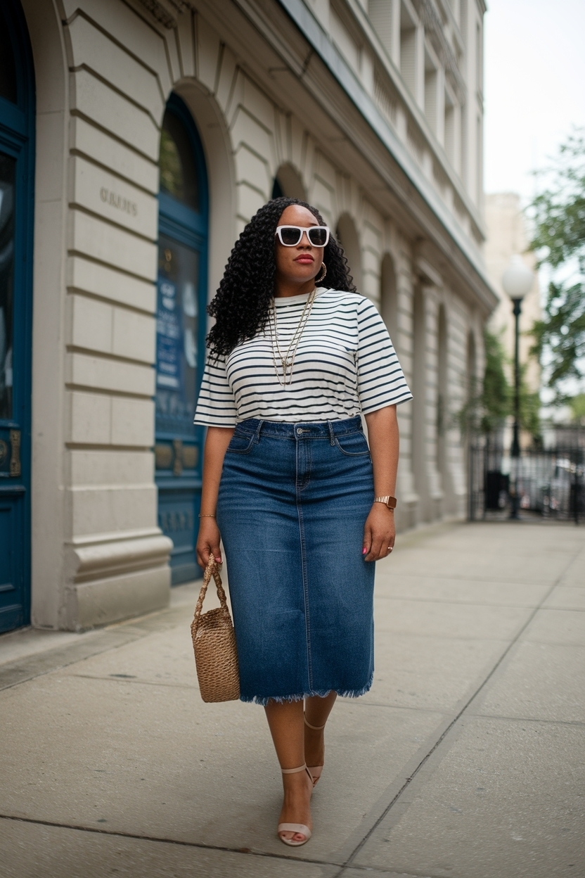 Knee Length Denim Skirt Outfit Black Women Style Tips outfit idea