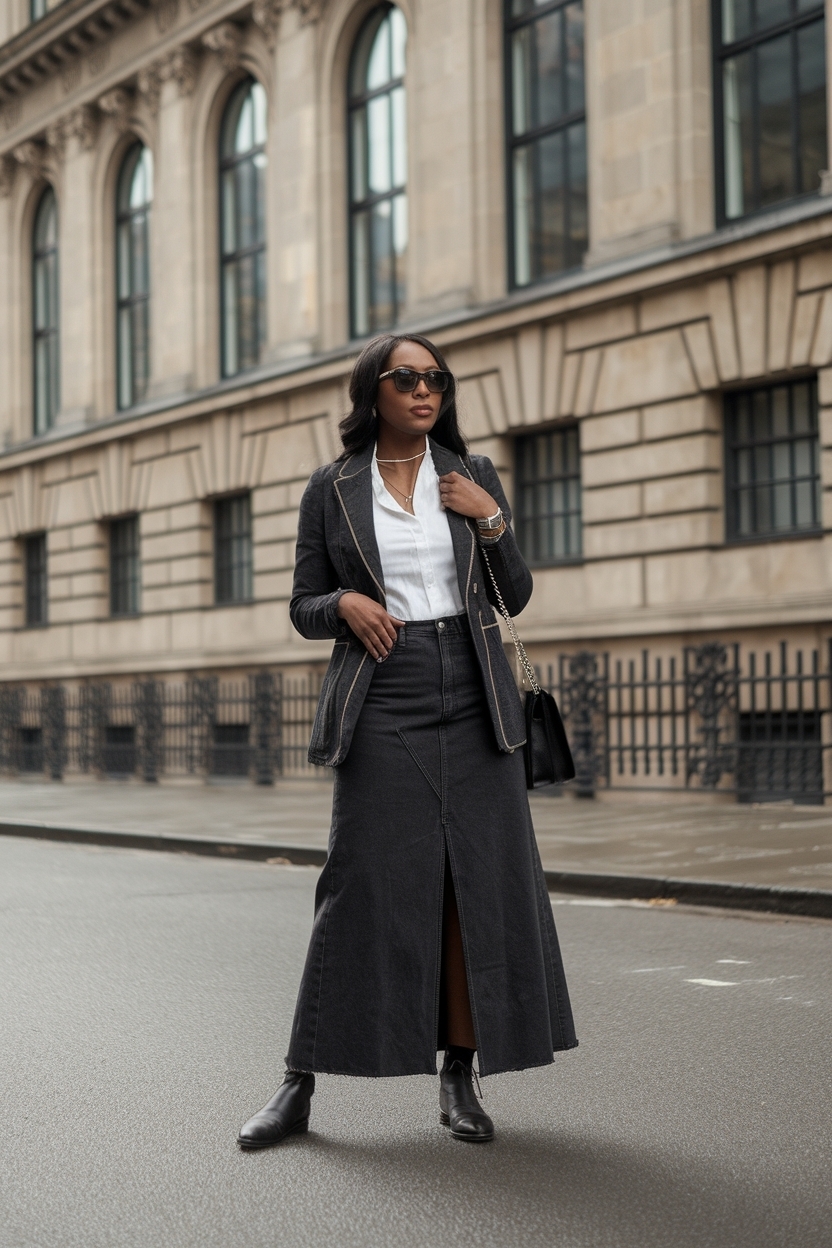 Long Black Denim Skirt Outfit Black Women: Timeless Fashion outfit idea