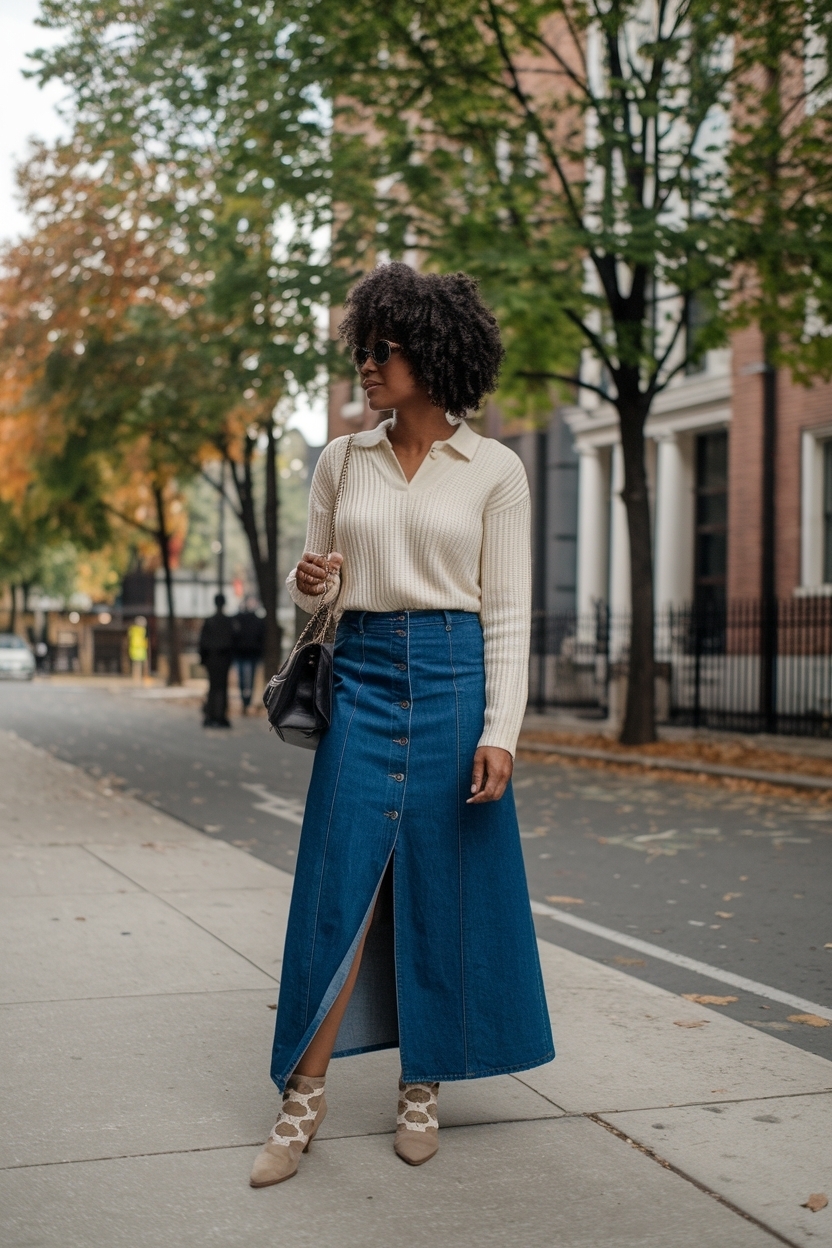 Long Denim Skirt Outfit Black Women Fall: Seasonal Styles outfit idea