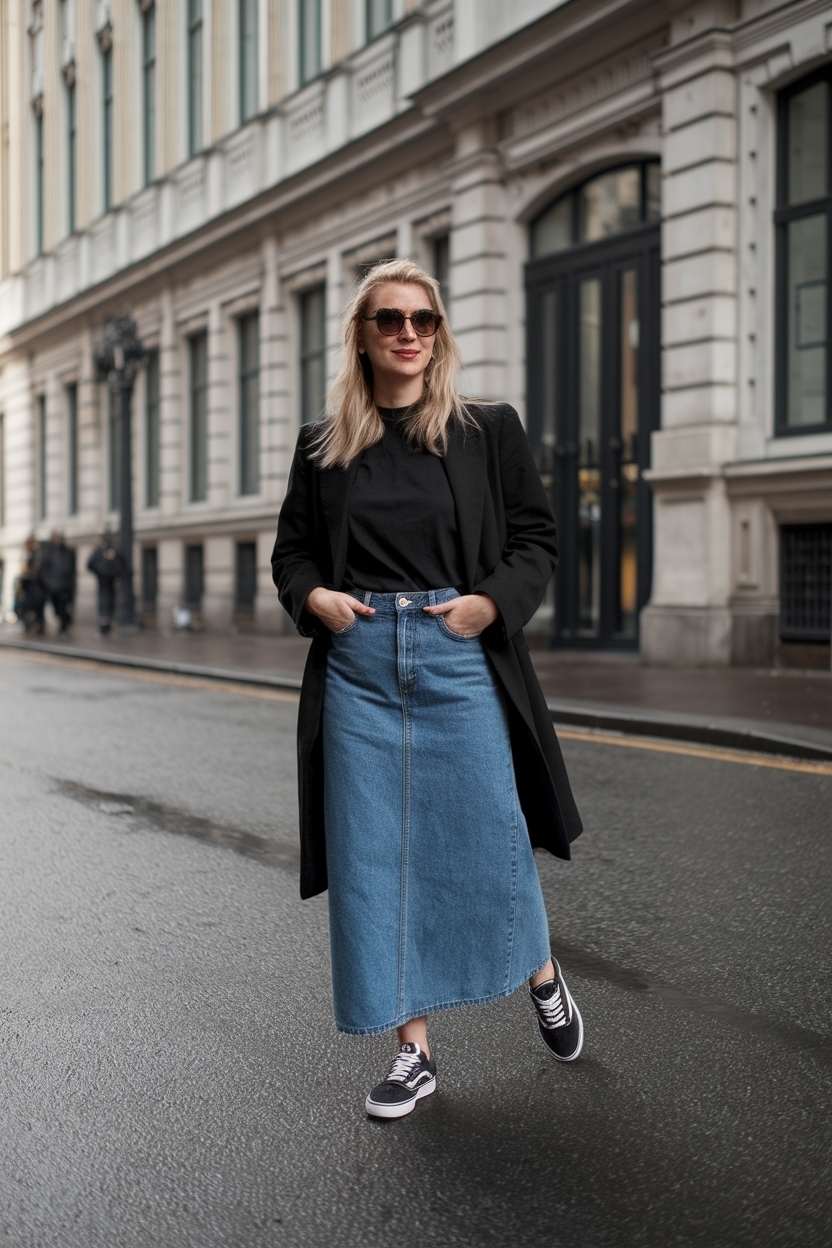 Long Denim Skirt Outfit Black Women Sneakers: Casual Chic outfit idea