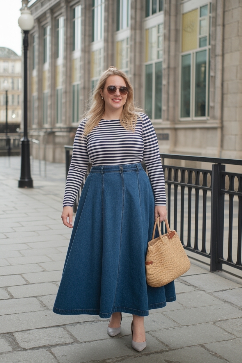 Fashionable Long Denim Skirt Outfit for Fat Women outfit idea