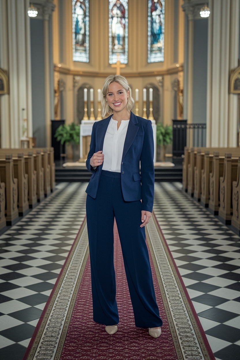 Navy Blue Pants Outfit Women Church: Classic Combinations outfit idea