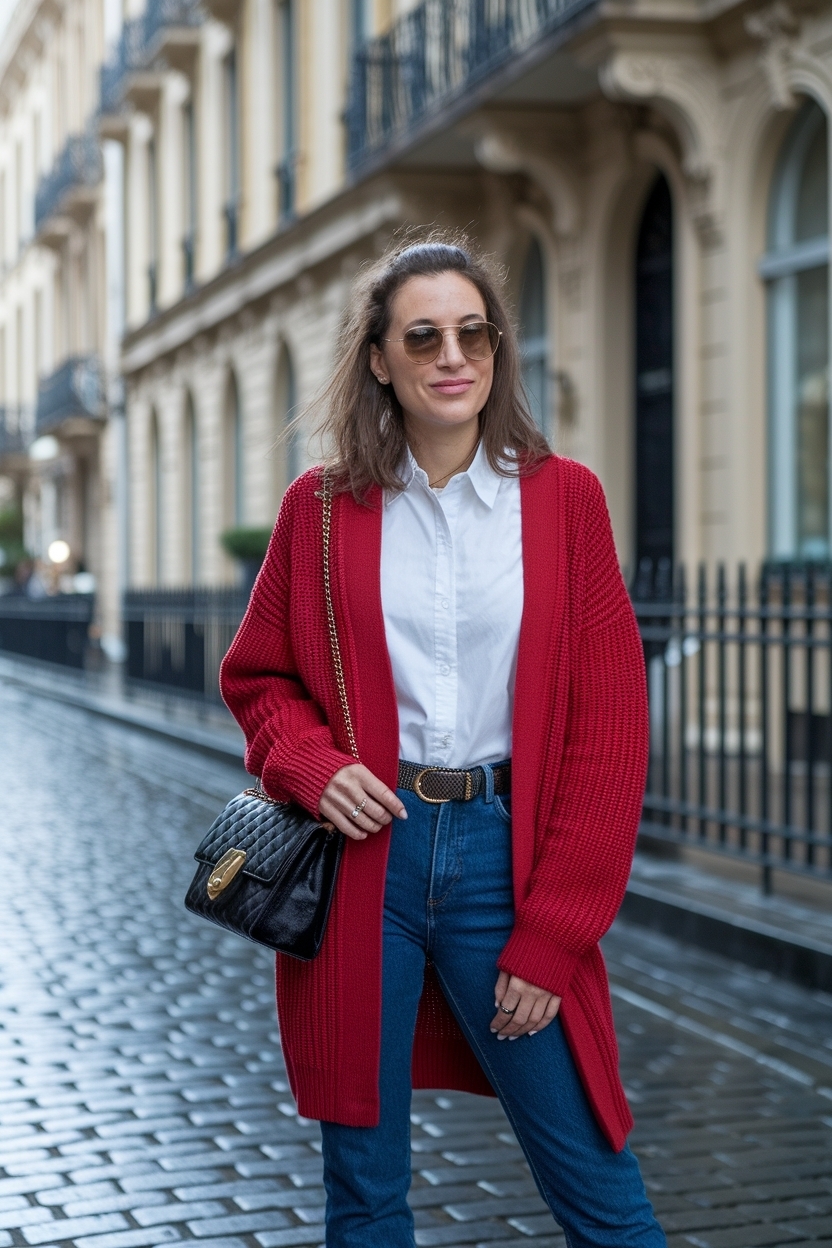 Outfit with Red Cardigan Women for Bold Statements outfit idea