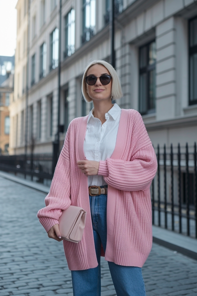Oversize Cardigan Outfit Women Pink for a Bold Statement outfit idea