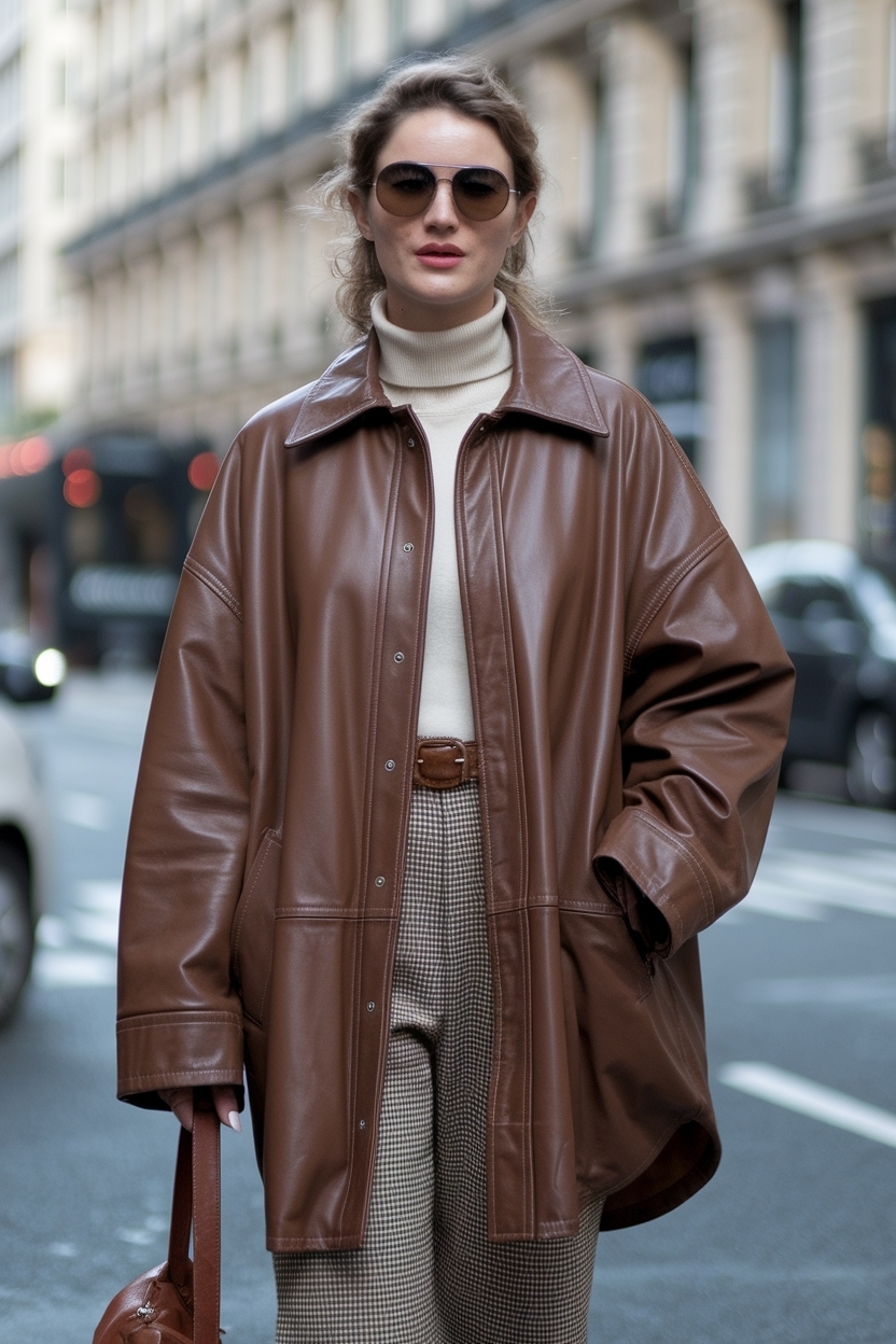 Oversized Brown Leather Jacket Outfit for a Trendy Vibe outfit idea
