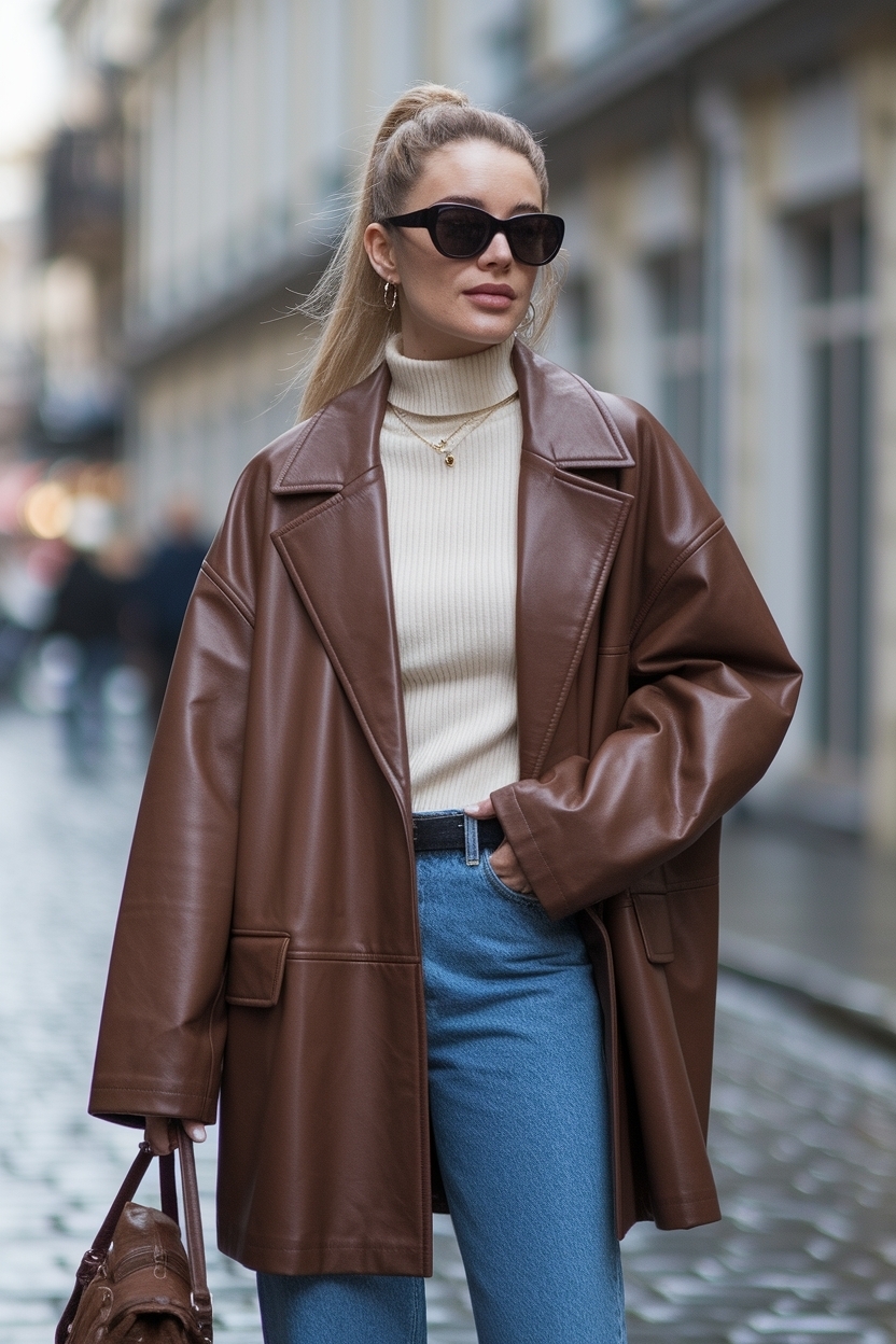 Oversized Brown Leather Jacket Outfit Wo: Layered Looks outfit idea