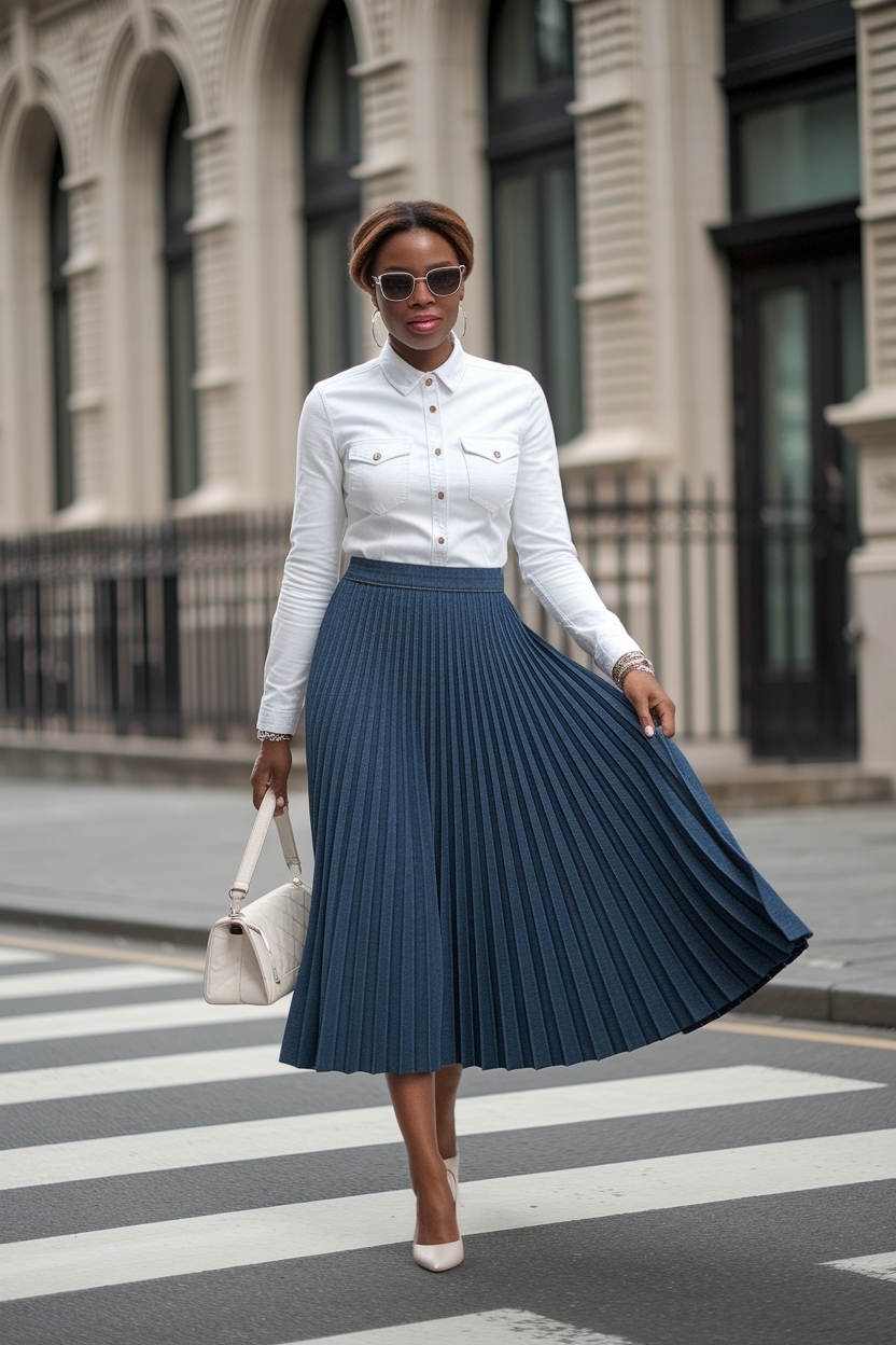 Pleated Skirt Denim Outfit Black Women: Chic and Fun Styles outfit idea