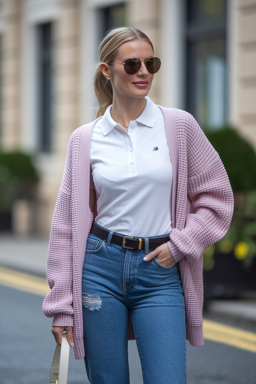 Polo Shirt and Cardigan Outfit Women: Trendy Looks outfit idea