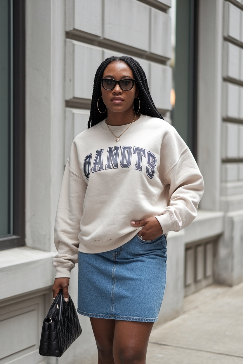 Stylish Sweatshirt and Denim Skirt Outfit Black Inspiration outfit idea