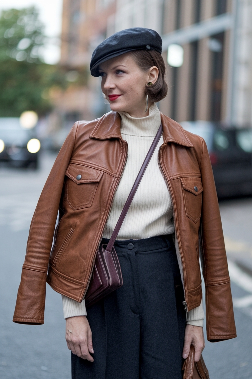 Vintage Brown Leather Jacket Outfit for Timeless Appeal outfit idea